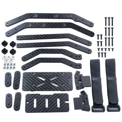 Beefy Carbon Fiber RC Chassis Frame Upgrade Kit for One Tenth Scale Crawlers and Trail Trucks with easy bolt-on parts displayed