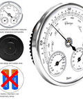 Outdoor Barometer Thermometer Hygrometer 5 Inch Weather Station For Home Wall Office Boat Baby Room Indoor Outdoor Weather Monitor All In One Must Have Easy Mount side view showing dials and no battery requirement.