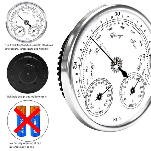 Outdoor Barometer Thermometer Hygrometer 5 Inch Weather Station For Home Wall Office Boat Baby Room Indoor Outdoor Weather Monitor All In One Must Have Easy Mount side view showing dials and no battery requirement.