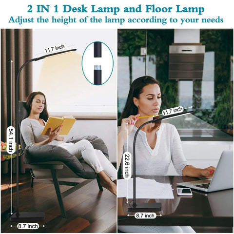 Woman reading by Totally Adjustable Gooseneck Floor Lamp With 3 Color Temperatures And Stepless Dimmer, 2 In 1 Desk And Floor Lamp