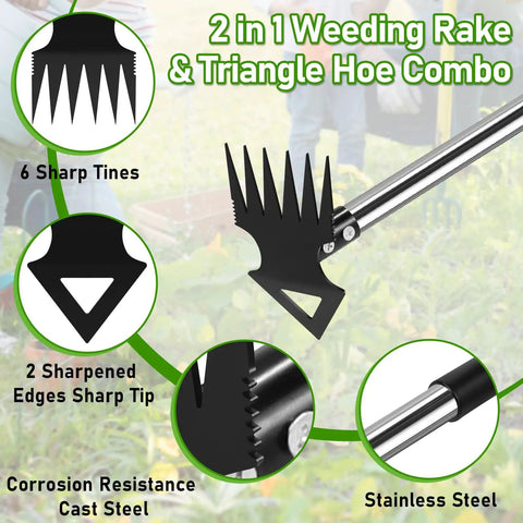 Beefy 56 Inch Long Handle Weed Puller Tool Dual Head 2 In 1 Weed Rake And Garden Hoe with stainless steel handle