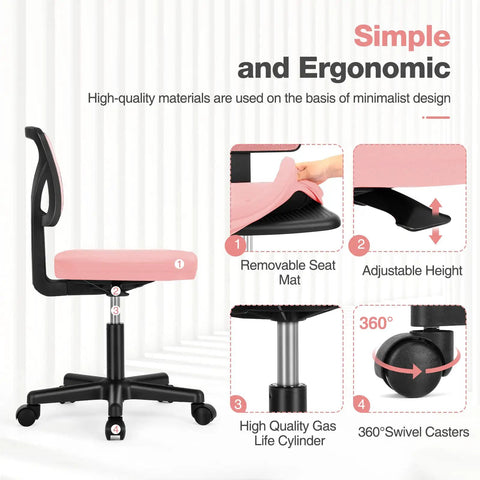 Ergonomic Low Back Mesh Desk Chair With Rolling Wheels Armless Swivel Office Seat For Home Study Or Dorm Comfy Lumbar Support Compact Pink For All Great For Home Offices, showing removable seat mat and swivel casters.