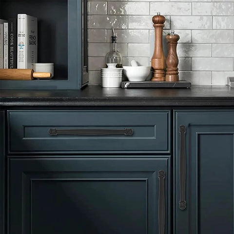 Two Pack Black Cabinet Pulls Center To Center 96mm Three And Three Quarter Inch Solid Heavy Duty Cabinet Hardware Drawer Pulls installed