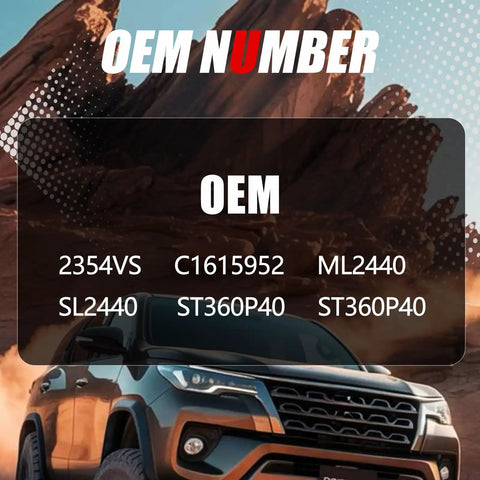 OEM number details for vehicle parts with model numbers displayed over a rugged landscape background.