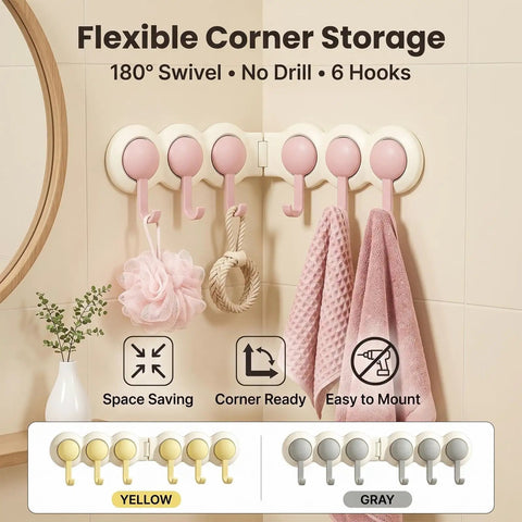 Game Changer Adhesive Corner Hooks With Smooth 180 Degree Rotation Foldable Rack displaying six pink hooks for towels in a bathroom.
