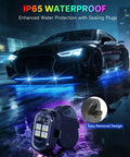 Upgraded Four Pack Wireless LED Lights For Car With Remote Rechargeable Waterproof Eight Color Interior Car Lights Mini LED Strobe Lights For Vehicle Drone Motorcycle Bike For Car Buffs showcased on a sleek car in rainy night with blue lights