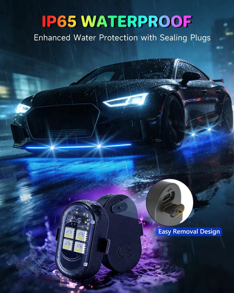 Upgraded Four Pack Wireless LED Lights For Car With Remote Rechargeable Waterproof Eight Color Interior Car Lights Mini LED Strobe Lights For Vehicle Drone Motorcycle Bike For Car Buffs showcased on a sleek car in rainy night with blue lights