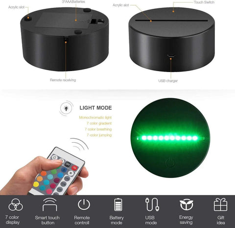 Back view of Lit 3D Night Light Lamp With 3 Pattern Modes And 16 Color Changing LEDs Remote Timer Control Realistic 3D Illusion Decor