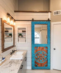 Blue Hand Carved Custom Built Door For Interior Or Exterior Use Antique Barn Style Sliding Or Hinged Door Front Or Pantry Door Sized 71x34 Inches Glass And Hardware Not Included in bathroom setting