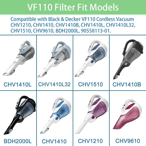 VF110 Replacement Vacuum Filter Pack compatibility chart for Black Decker CHV1210 CHV1410 CHV1510 models