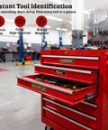 Red tool chest with open drawers labeled using 12 Pack Magnetic Toolbox Labels With Ultra Strong Embedded Magnets For Steel Surfaces No Fuss Reusable 3D Printed Tool Organizer Tags For Tool Chests Rolling Carts Drawers Cabinets In Black.