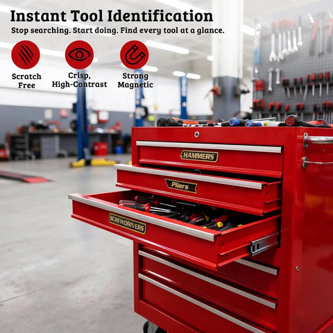 Red tool chest with open drawers labeled using 12 Pack Magnetic Toolbox Labels With Ultra Strong Embedded Magnets For Steel Surfaces No Fuss Reusable 3D Printed Tool Organizer Tags For Tool Chests Rolling Carts Drawers Cabinets In Black.