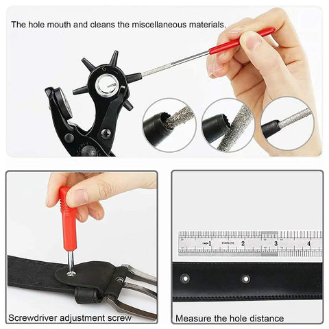 Rotating Leather Hole Punch Kit With Six Diameters From 2Mm To 4.5Mm for DIY leatherworking, screwdriver and ruler details