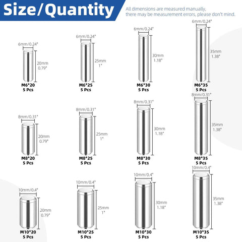 60 Piece Dowel Pin Set In 6mm 8mm And 10mm Sizes, Pro Grade Stainless Steel 304 Cylindrical Shelf Pegs For Cabinets And Furniture Installation, Includes M6 M8 And M10 Pins In 20 25 30 And 35mm Lengths. size chart showing stainless steel dowel pin sizes M6, M8, M10 for cabinet fittings