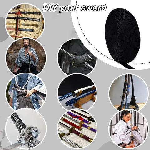 Image of a 7M Black Ito Sageo Wrapping Cord 0.5 Inch Wide Silk Cotton Blend Rope For Katana Handle Tsukamaki and samurai sword DIY ideas