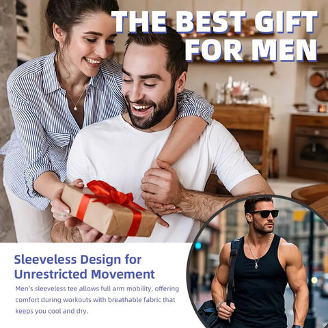 Happy couple exchanging gift, man in white shirt shows joy; image relates to Straight Up Soft Mens Cotton Tank Top Sleeveless Muscle Shirt.