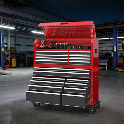 Ultimate 56 Inch Rolling Tool Chest Combo With 18 Drawers, Heavy Duty Steel Cabinet, Built-In Power Outlet in workshop