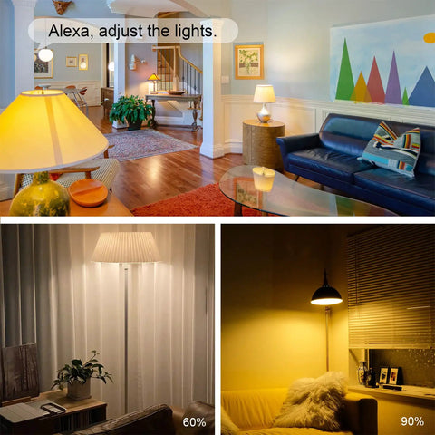 Z Wave Outlet Dimmer 2 Pack With 800 Series LR Plug Extender in living room with dimmed lamps and voice control display.