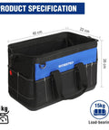 16 Inch Wide Mouth Tool Bag With Waterproof Molded Base showing size and load specifications, black and blue color.