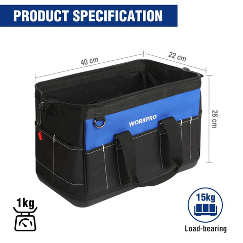 16 Inch Wide Mouth Tool Bag With Waterproof Molded Base showing size and load specifications, black and blue color.