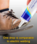 Waterproof Quick Dry Super Strong Shoe Glue For Sneakers Boots Sandals And Hiking Shoes Multi Purpose Adhesive For Fast Repairs Clear Formula With Precision Needle Tip Easy Application One Pack Sticks Like Crazy being applied to a brown boot sole.