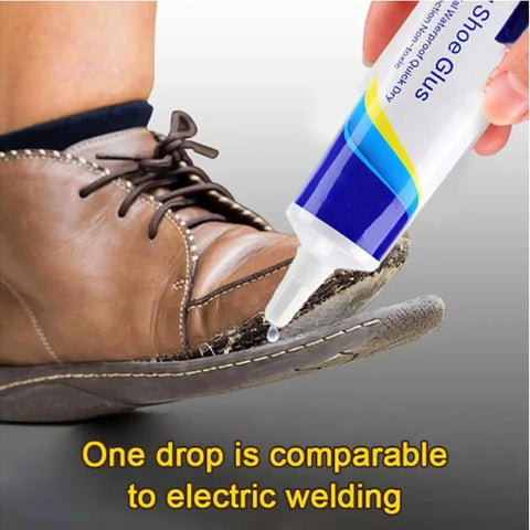 Waterproof Quick Dry Super Strong Shoe Glue For Sneakers Boots Sandals And Hiking Shoes Multi Purpose Adhesive For Fast Repairs Clear Formula With Precision Needle Tip Easy Application One Pack Sticks Like Crazy being applied to a brown boot sole.