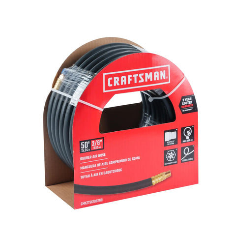 Heavy Duty Rubber Air Hose Three Eighths Inch By Fifty Feet, 300 PSI, Oil And Abrasion Resistant, packaging view