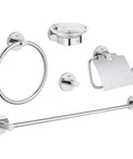Essentials Master Bathroom 5 Piece Set in Starlight Chrome with towel rail, towel ring, robe hook, toilet paper holder with cover displayed.