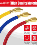 FlexFlow 9-inch 1/4 inch ID rubber adapter hoses, 3-pack with brass fittings in red, blue, and yellow