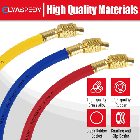 FlexFlow 9-inch 1/4 inch ID rubber adapter hoses, 3-pack with brass fittings in red, blue, and yellow
