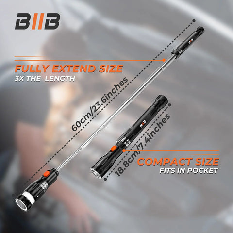 LED magnetic pickup tool fully extended and compact size comparison