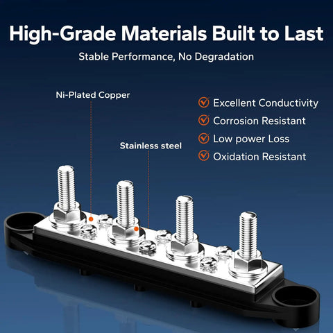 Heavy Duty 275A Power Distribution Bus Bar Featuring Four M8 And Six M4 Terminals for Battery Banks and Audio Rigs, detailed view of connectors.