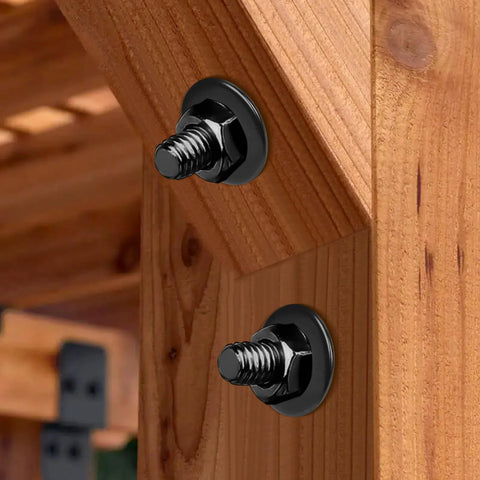 Two black stainless flat washers with bolts installed in a wooden post; 0.842 in ID x 2 in OD x 0.13 in thick.