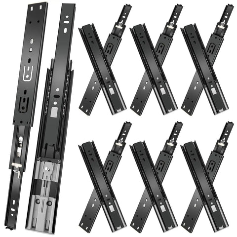 14 Inch Heavy Duty Drawer Slides 6 Pairs Soft Close Full Extension Side Mount Cabinet Rails Black showing complete slide pairs.
