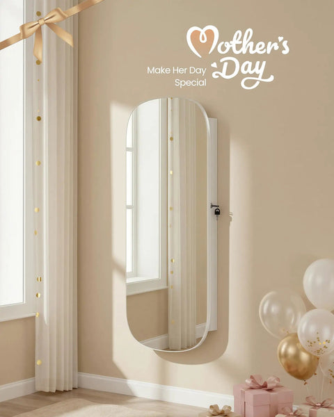 LED Jewelry Cabinet Organizer With Lockable Door And Wall Mount Rounded Wide Mirror, visible in bright room with balloons.