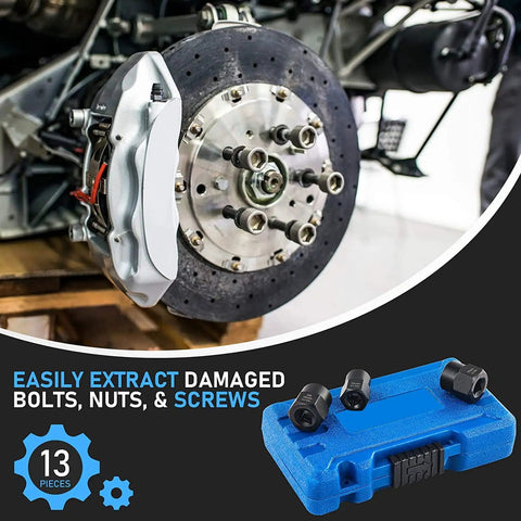 Heavy Duty 13 Piece Impact Nut And Bolt Removal Set Made From Tough Chrome Moly Steel To Pull Out Rusted, Damaged, Or Stripped Fasteners Quickly With Metric Sae Sizes Plus Storage Case For Garage Pros. on brake rotor with case