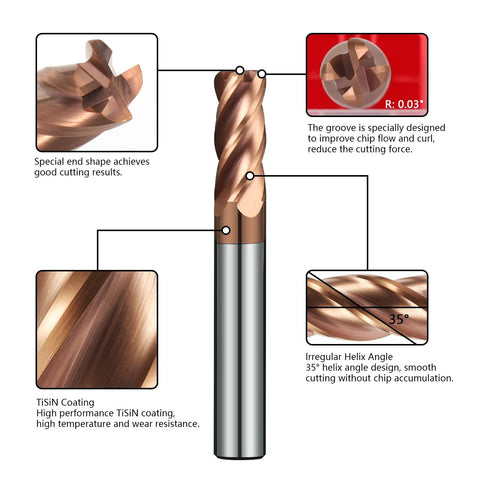 Diagram of a 1/8 Inch Tungsten Carbide Corner Radius End Mill With TiSiN Coating, showing 4 flute design and 0.03 inch corner radius.