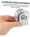 Hand holding 4-inch V-groove gate wheel made of stainless steel for sliding gates and industrial use, highlighting durability and strength.
