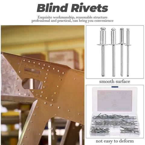 Aluminum Blind Rivets Assortment Kit 140 Pieces Dome Head Pop Rivets Set For DIY Home Repair And Automotive Projects A Real Workhorse Rivets Kit For Construction Furniture Marine And More showing rivets in use on metal frame and individual rivets with storage box