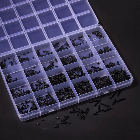 1440 Piece Black Micro Screw Assortment Kit For Laptops And Gaming Rigs With M1 2 M1 4 M1 7 And M2 Phillips Flat Countersunk fasteners in clear organizer box.
