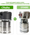 Comparison of two stainless steel wood burning camping stoves showing support system and heat distribution for outdoor cooking.