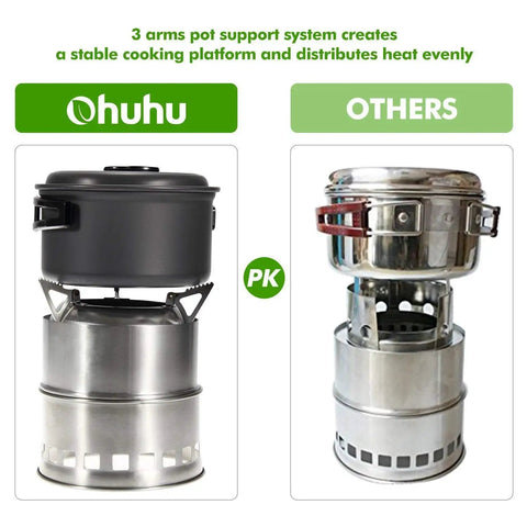 Comparison of two stainless steel wood burning camping stoves showing support system and heat distribution for outdoor cooking.