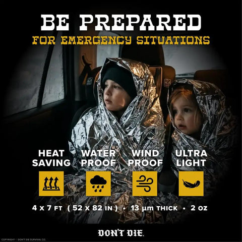 Emergency Mylar Foil Space Blankets 5 Pack with children wrapped for warmth in car, highlighting thermal and waterproof features.