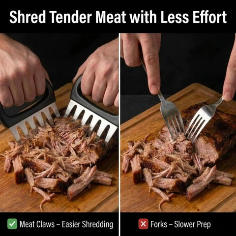 Hands using Stainless Steel Meat Claws For Shredding Pulled Pork And More, Black Handle Bear Claws Shredder on pork, with forks comparison
