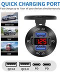 2 Pack 12V USB Outlet Car Charger Socket Pumping Out 78W with 4 quick charging ports and voltmeter dial for vehicles.