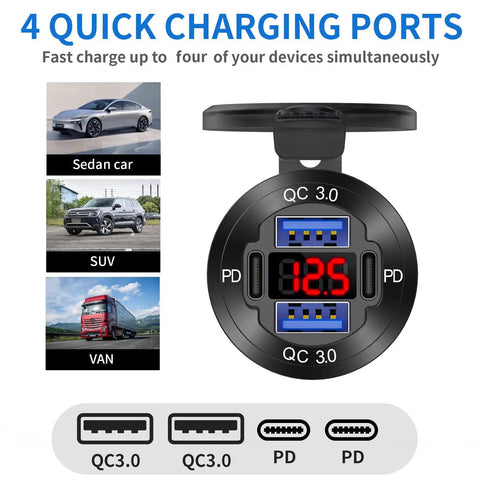2 Pack 12V USB Outlet Car Charger Socket Pumping Out 78W with 4 quick charging ports and voltmeter dial for vehicles.