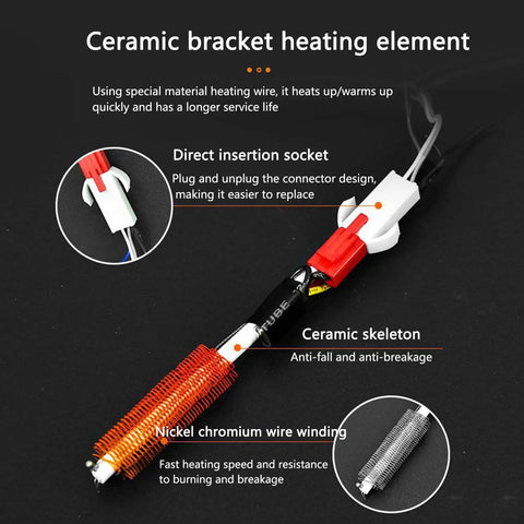 Close-up of ceramic bracket heating element showing direct insertion socket, ceramic skeleton, and nickel chromium wire winding.