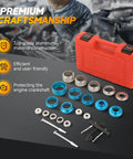 Crankshaft seal remover/installer set, 22 pcs, with blue aluminum bushings and red case.
