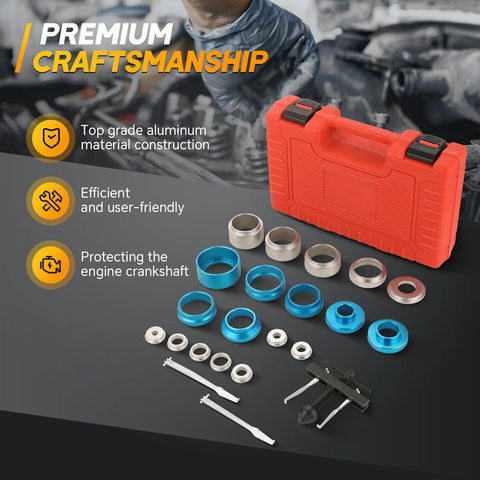 Crankshaft seal remover/installer set, 22 pcs, with blue aluminum bushings and red case.