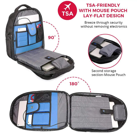 TSA Approved Laptop Backpack With USB Charging Port, RFID Safe Pockets, 15.6 Inch Tech Carrier lay-flat open view